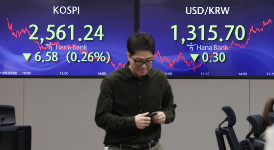 Screens in Hana Bank's trading room in central Seoul show the Kospi closing at 2,561.24 points on Tuesday, down 0.26 percent, or 6.58 points, from the previous trading session. [NEWS1]