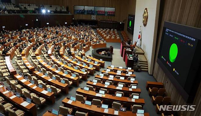 [서울=뉴시스] 고범준 기자 = 28일 오후 서울 여의도 국회에서 열린 제411회국회(임시회) 제3차 본회의에서 대통령 배우자 김건희의 도이치모터스 주가조작 의혹 진상규명을 위한 특별검사 임명 등에 관한 법률안에 대한 수정안이 가결되고 있다. 2023.12.28. bjko@newsis.com