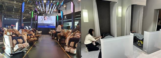 CES 2024에 참가한 바디프랜드(왼쪽)와 세라젬(오른쪽) 부스/사진=김아름 기자 armijjang@