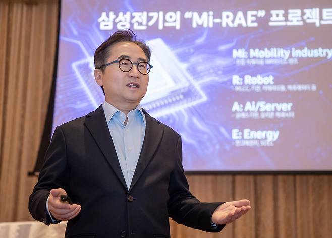 Samsung Electro-Mechanics CEO Chang Duck-hyun speaks at a press briefing at CES 2024 in Las Vegas on Wednesday. (Samsung Electro-Mechanics)