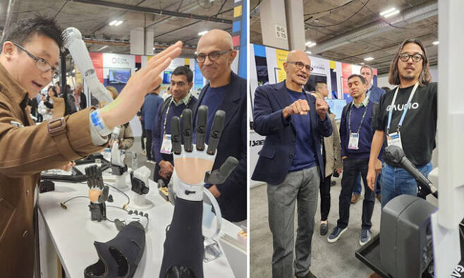 마이크로소프트 최고경영자(CEO) 사티아 나델라(왼쪽 사진 오른쪽)가 9일(현지시간) ‘CES 2024’에서 한국의 장애인보조기기 스타트업 ‘만드로’의 전시장을 찾아 이상호 만드로 대표로부터 로봇 손가락 의수에 대한 설명을 듣고 있다. 오른쪽 사진은 나델라(왼쪽)가 한국의 인공지능(AI) 오디오 전문 기업 ‘가우디오랩’의 이국진 부사장으로부터 가우디오랩의 생성형 소리 AI 프로젝트 ‘폴-리’에 대해 설명을 듣는 모습.