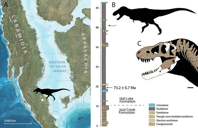 티라노사우루스 맥레이엔시스 발견 지역 및 지층. 논문(A giant tyrannosaur from…)에서 갈무리.