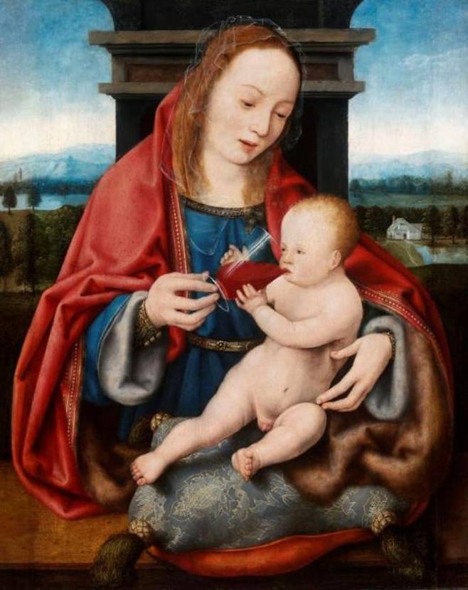 포도주를 마시고 있는 아기 예수와 성모 마리아(The Virgin with the Infant Christ Drinking Wine). 요스 반 클레브(Joos van Cleve) 1520년 작.