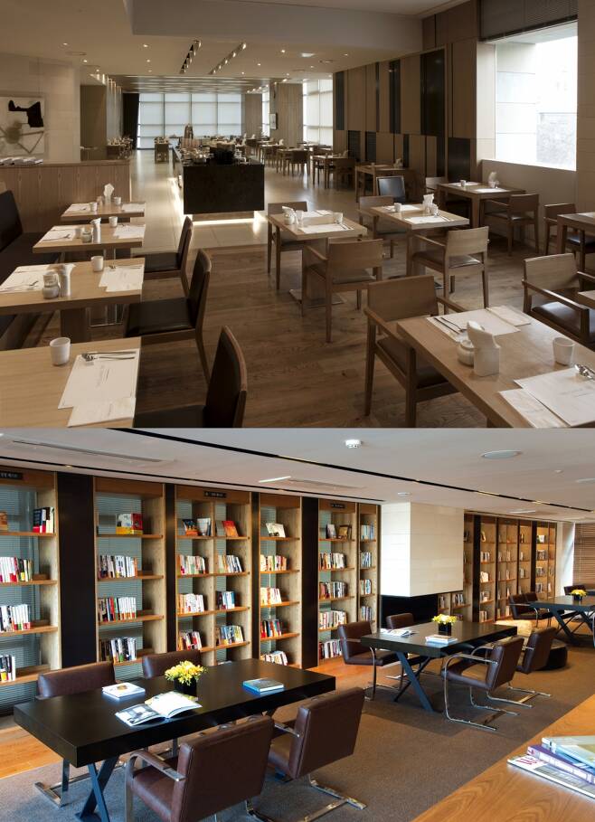 더 클래식 500 3층 라스떼르 회원 전용 뷔페 식당(위쪽)과 6층 라이브러리 모습 /사진=더 클래식 500