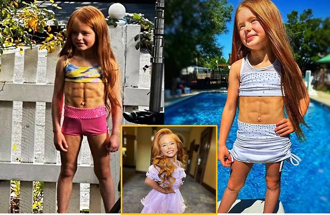 7살 여자 아이가 성인의 배에서도 보기 힘든 복근을 자랑해 화제다. [사진=영국 데일리메일 보도 캡처]