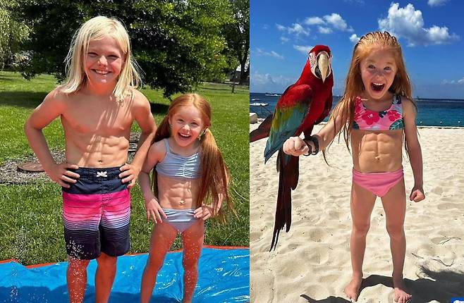 앤젤은 딸의 근육질 몸매가 유전이라고 여기고 있다. 킨리말고도 다른 세 남매도 근육질이기 때문이다. 킨리와 형제들은 항상 누구 복근이 좋은지 서로 자랑하기도 한다. [사진= 영국 데일리메일 보도 캡처]