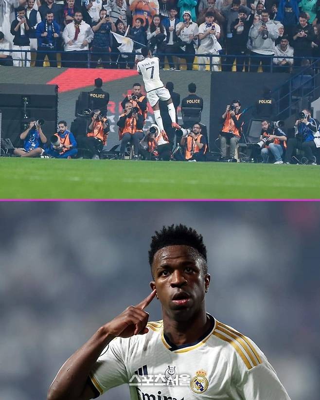 레알 마드리드의 비니시우스 주니오르가 14일(현지시간) FC바르셀로나와의 2023~2024 스페인 슈퍼컵 결승에서 전반 7분 선제골을 넣은 뒤 자신의 우상 크리스티아누 호날두의 호우 세리머니를 선보이고 있다. TNT 스포츠