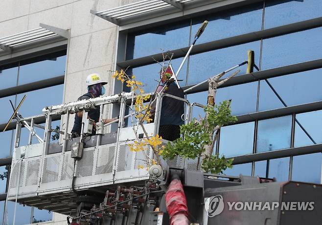 건물 외벽 유리 청소 [연합뉴스 자료사진]