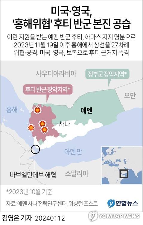 [그래픽] 미국·영국, '홍해위협' 후티 반군 본진 공습 (서울=연합뉴스) 김영은 기자 = 미국과 영국이 12일(현지시간) 글로벌 물류의 동맥인 홍해를 위협해온 친이란 예멘반군 후티의 근거지에 폭격을 가했다.
    이는 후티가 팔레스타인 지지를 명분으로 작년말부터 홍해에서 벌여온 상선 공격에 대한 직접 보복이다. 
    0eun@yna.co.kr
    트위터 @yonhap_graphics  페이스북 tuney.kr/LeYN1