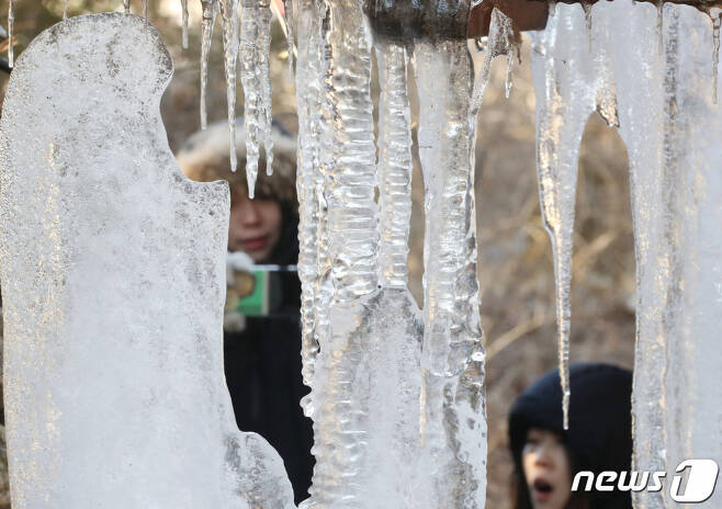 영하권 날씨를 보인 15일 경기 용인시 기흥구 한국민속촌에 설치된 물레방아가 추위에 얼어 있다. /사진=뉴스1