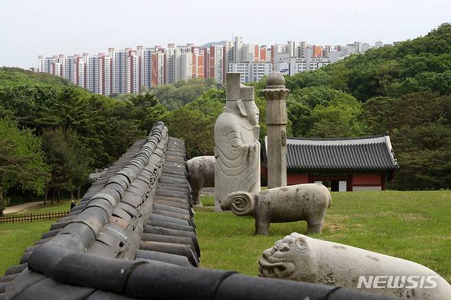 [김포=뉴시스] 배훈식 기자 = 문화재청이 일명 '왕릉뷰 아파트'의 입주 유보를 위한 행정 조정을 신청한 것으로 알려진 11일 오후 경기 김포시 장릉(사적 제202호) 앞 시야를 고층 아파트가 막고 있다. 2022.05.11. dahora83@newsis.com