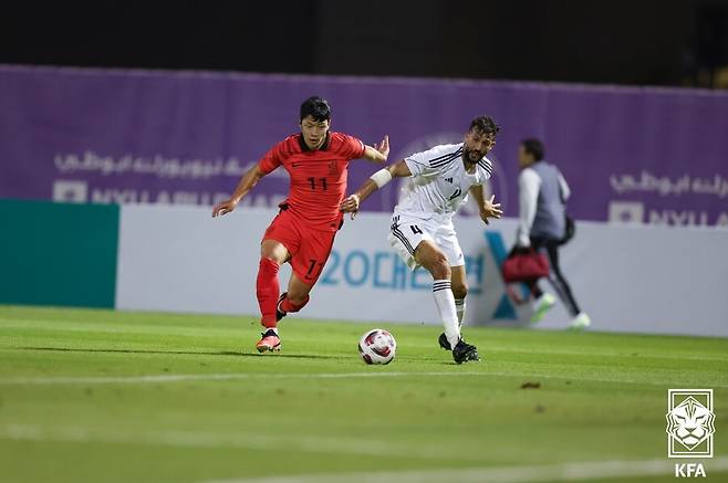 ▲ 아시안컵 합류 직전 UAE에서 열린 이라크와 평가전에 뛰었던 황희찬 ⓒ대한축구협회