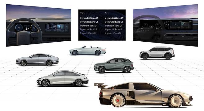 현대차그룹 산하 완성차 3개 브랜드 현대자동차·기아·제네시스 제품 9종이 미국 ‘2023 굿디자인어워드’를 수상했다. 사진은 수상 차종 6종과 현대차 인포테인먼트 시스템 ‘선(Seon)’, 기아 인포테인먼트 시스템 ‘기(Ki)’, 현대차 전용 서체 ‘현대 산스 UI(Hyundai Sans UI)’. (자료=현대자동차)