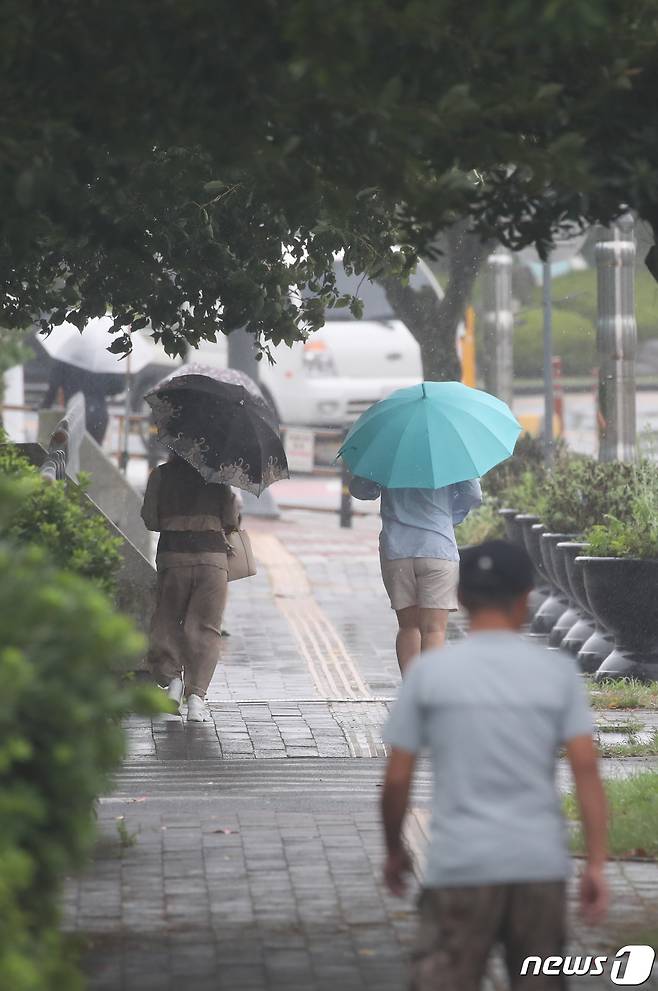 제주시 아라동에서 시민들이 우산을 쓰고 발걸음을 재촉하고 있다. 2023.8.9/뉴스1 ⓒ News1 오현지 기자