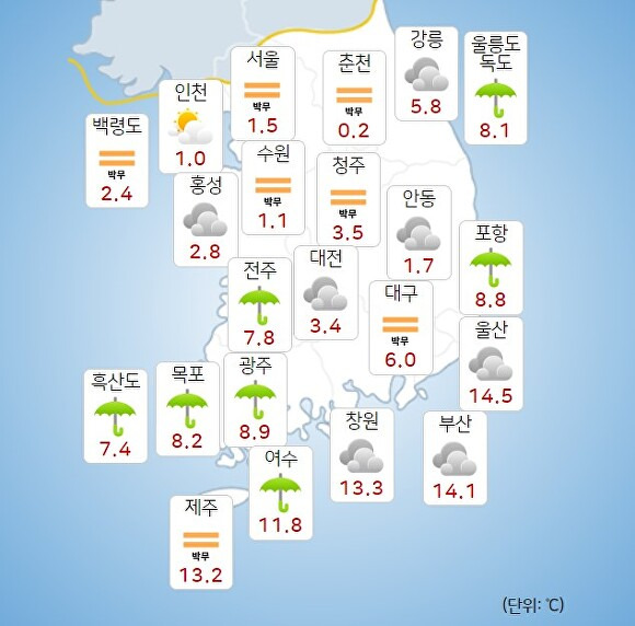 18일 오전 9시 현재 전국 날씨. [사진=기상청 날씨누리]