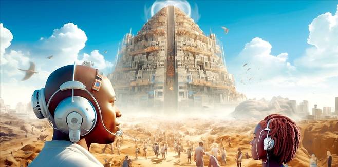 < 지구상의 7100개 언어 자유롭게 쓰는 날 올까 > 국제하계언어학연구소(SLI)에 따르면 지구상에 존재하는 언어는 7100개에 이른다. 수천 년간 사람들의 의사소통을 가로막은 언어 장벽은 인공지능(AI)을 만나 빠르게 허물어지고 있다. AI가 무너지는 바벨탑을 다시 세우고 있다는 평가가 나온다. 이미지 생성 AI 미드저니에 ‘다양한 인종의 사람이 바벨탑 앞에서 대화하는 모습’을 그려달라는 내용의 프롬프트를 입력했다. /미드저니