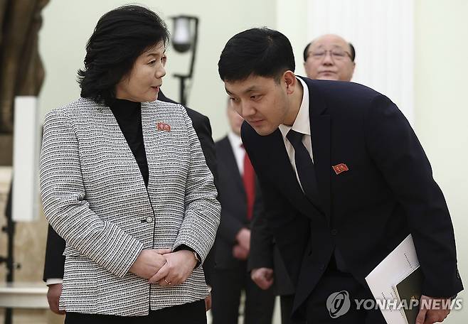 Russia North Korea North Korean Foreign Minister Choe Son Hui speaks to a member of her delegation as she waits to meet with Russian President Vladimir Putin at the Kremlin in Moscow, Russia, Tuesday, Jan. 16, 2024. (Artyom Geodakyan, Sputnik, Kremlin Pool Photo via AP) POOL PHOTO