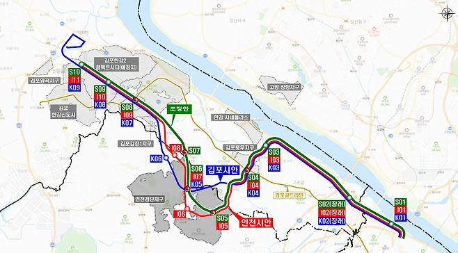 서울 지하철 5호선 연장사업 인천시 안(I), 김포시 안(K), 국토교통부 대광위 조정 안(S) 비교./자료=국토부