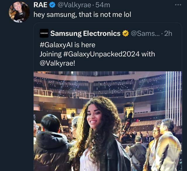 삼성전자가 글로벌 엑스 계정에 17일 미국의 유명 게임 스트리머 발키레이가 '갤럭시 언팩 2024' 행사에 참석했다고 올리자 발키레이가 "삼성, 그건 내가 아니다"라고 정정했다. 발키레이 엑스 캡처