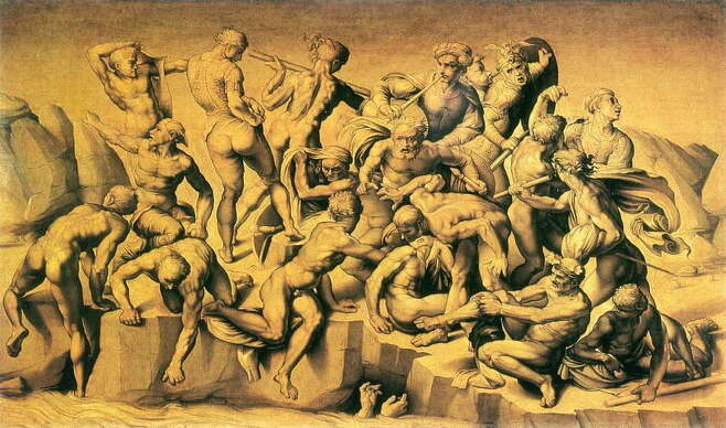 미켈란젤로의 카시나 전투 그림을 16세기 전반에 다른 화가가 모사한 작품. 레오나르도가 격렬한 전투에 초점을 맞췄다면, 미켈란젤로는 개별 인물의 풍부한 형태 묘사에 집중했다. 이 작품 역시 원본은 남아있지 않다.
