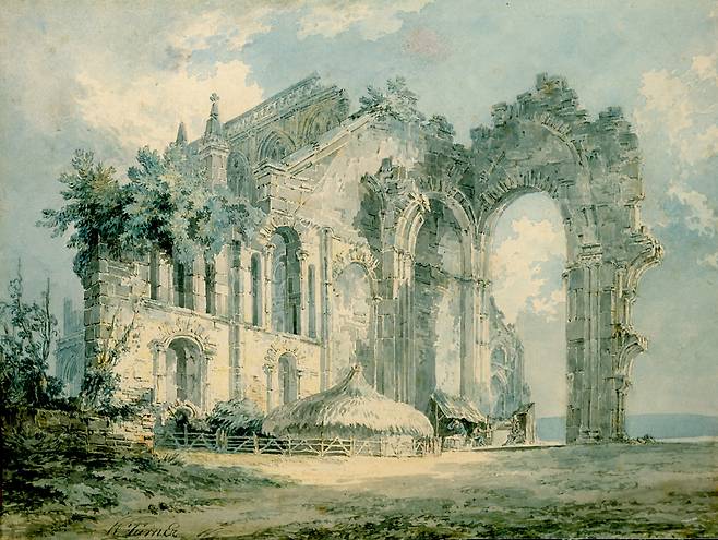 윌리엄 터너, '맘스베리 수도원의 폐허', 1792, 종이에 수채, 19x26cm, 베리 미술관