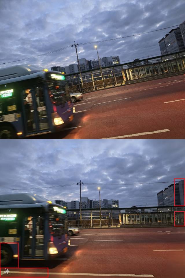 18일 아침 서울 강서구에서 비스듬하게 촬영한 도로의 모습(위)과 갤러리 앱의 생성형 편집 기능을 활용해 이를 바르게 보정한 모습. 원본에는 없는 바퀴나 건물, 차선을 AI가 그럴 듯하게 그려서 빈 부분을 채워준다(빨간 표시). 김윤수 기자