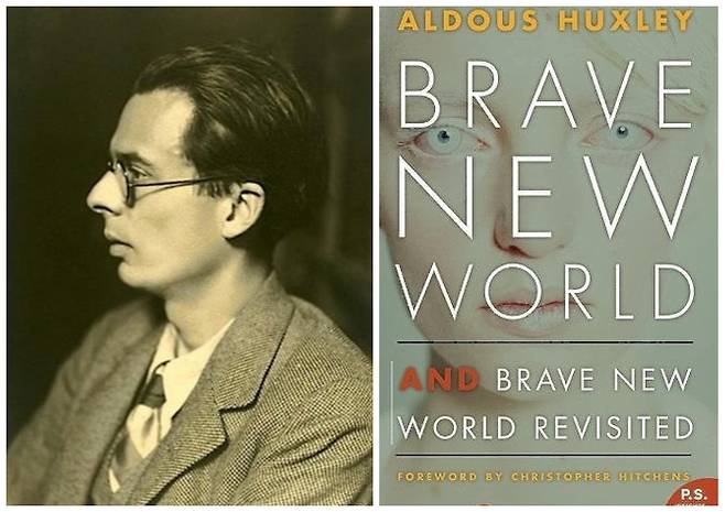 올더스 헉슬리는 디스토피아 소설로 유명한 ‘멋진 신세계’를 집필했습니다. 올더스 헉슬리는 조지 오웰의 이튼 칼리지 재학 시절 프랑스어 교사였습니다. 사진은 1925년 촬영된 올더스 헉슬리와 그의 대표작 ‘멋진 신세계’ 표지. [Henri Manuel]