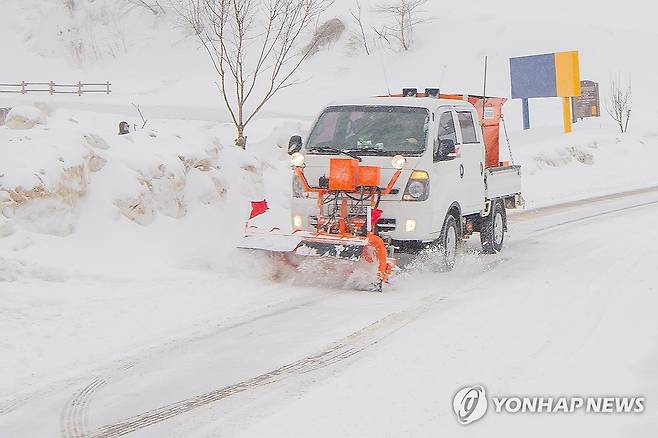 고성군, 도로 제설 작업 (강원 고성=연합뉴스) 전날부터 강원 고성 지역에 30㎝ 내외의 눈이 내린 가운데 21일 오전 제설차가 제설작업을 하고 있다. 2024.1.21 [고성군 제공. 재판매 및 DB 금지] taetae@yna.co.kr