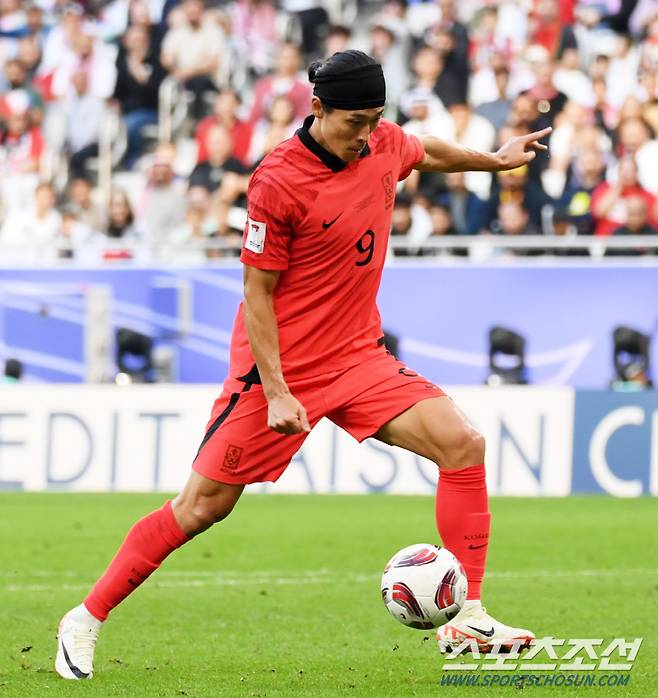 20일(현지시간) 카타르 도하 알투마마 스타디움에서 열린 2023 아시아축구연맹(AFC) 카타르 아시안컵 대한민국과 요르단의 경기. 조규성이 슈팅을 시도하고 있다. 도하(카타르)=박재만 기자 pjm@sportschosun.com/2023.01.20/