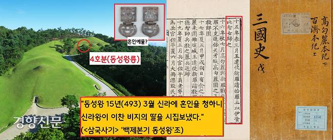 동성왕과 무령왕은 부자지간 혹은 이복형제이지만 같은 하늘을 이고 살 수 없는 사이다. 무령왕이 정변으로 죽임을 당한 동성왕의 뒤를 이어 즉위했기 때문이다. 따라서 동성왕과 무령왕이 같은 구역에 무덤을 조성할 가능성이 희박하다는 견해가 있다. 4호분에서  출토된 허리띠 장식이 경주 금관총 출토품과 비슷하다는 점을 들어 493년 신라와 혼인동맹을 맺은 동성왕이 받은 혼인예물일 가능성도 제기됐다. ‘4호분=동성왕릉’일 수 있다는 것이다.|국립공주박물관 제공