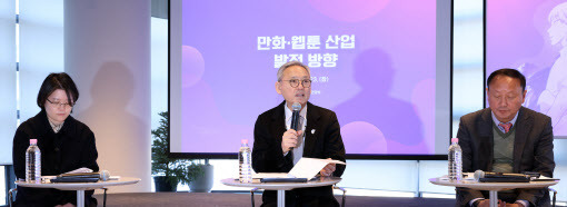 유인촌 문화체육관광부 장관이 23일 서울 종로구 아트코리아랩에서 만화·웹툰 산업 발전 방향을 발표하고 있다(사진=문체부 제공).