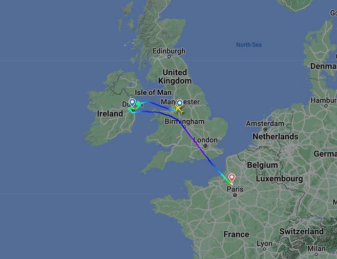 영국 맨체스터에서 출발해 아일랜드 더블린에 도착할 예정이었지만 결국 파리 보베공항에 착륙한 여객기의 항로. <출처=플라이트어웨어 홈페이지 캡처>