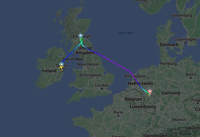 아일랜드 샤논에서 영국 에딘버러에 도착 예정이었던 항공편이 기상 악화로 독일 쾰른으로 우회해 착륙했다. <출처=플라이트어웨어 홈페이지 캡처>