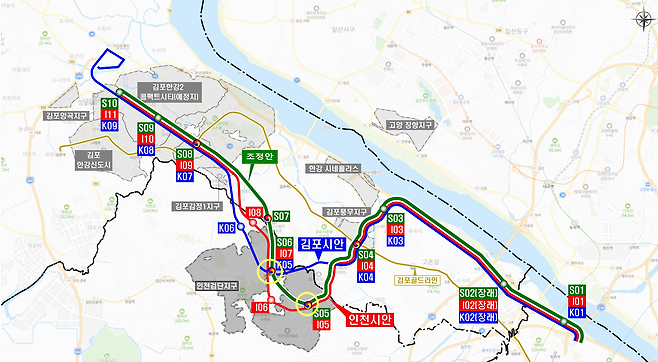 서울 지하철 5호선 연장사업 인천시 안(I), 김포시 안(K), 국토교통부 대광위 조정 안(S) 비교. 노랑색 동그라미로 표시한 정차역이 인천시 안이 반영된 정차역./자료=국토부
