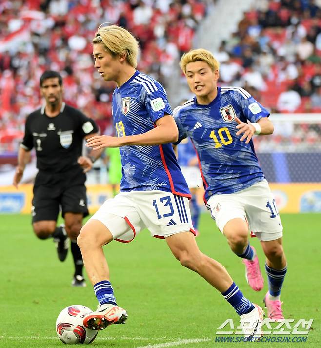 24일(현지시간) 카타르 도하 알투마마 스타디움 열린 2023 아시아축구연맹(AFC) 카타르 아시안컵 일본과 인도네시아의 경기. 일본 우에다가 추가골을 넣은 뒤 환호하고 있다. 도하(카타르)=박재만 기자 pjm@sportschosun.com/2023.01.24/