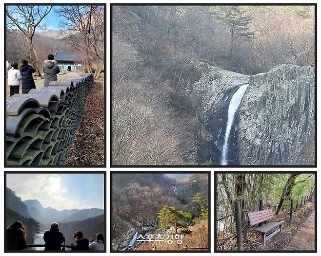 (사진 위 큰사진부터 시계방향으로) 직소폭포, 산책로에서 만나는 휑한 벤치, 직소폭포 아래 또다른 폭포가 이어진다, 산중호수 직소보는 촬영 명소다, 실상사터. 사진|강석봉 기자