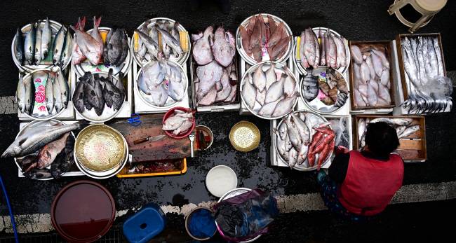 장날 삼천포종합시장에 좌판을 깐 생선 난전.