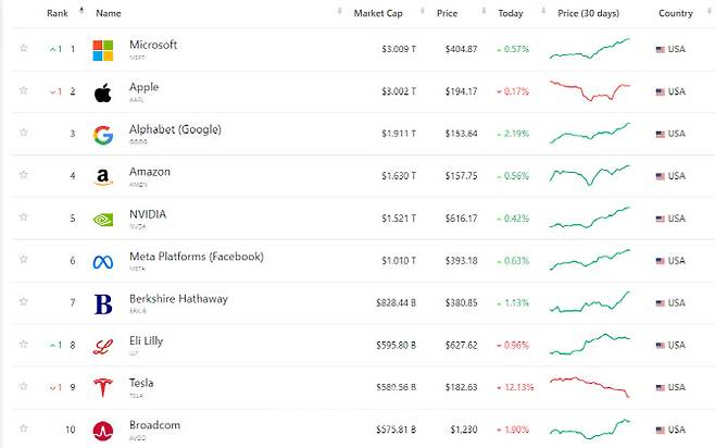 25일(현지시간) 뉴욕증시 시가총액 상위 10위 기업 현황(자료=마켓캡)
