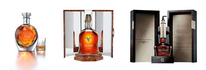편의점 CU가 기획한 주류 선물세트. 왼쪽부터 윈저 다이아몬드 쥬빌리(5억원), 달모어 45년(4800만원), 더 글렌그란트 60년(3400만원). CU제공