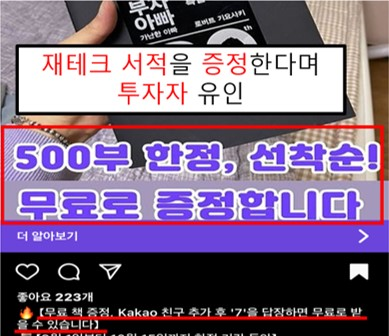 재테크 서적 증정을 미끼로 투자자를 유인한 인스타그램 광고 화면. 금융감독원 제공