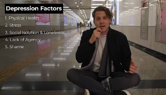 마크 맨슨이 정리한 우울증에 영향을 주는 5개 요소. 신체적 건강, 스트레스, 사회적 고립, 선택권의 부재, 수치심 등이다. [사진=마크 맨슨 유튜브 채널 캡처]