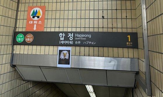 서울지하철 2·6호선 출구에 흰머리수리 사진이 붙어 있다. 엑스 캡처