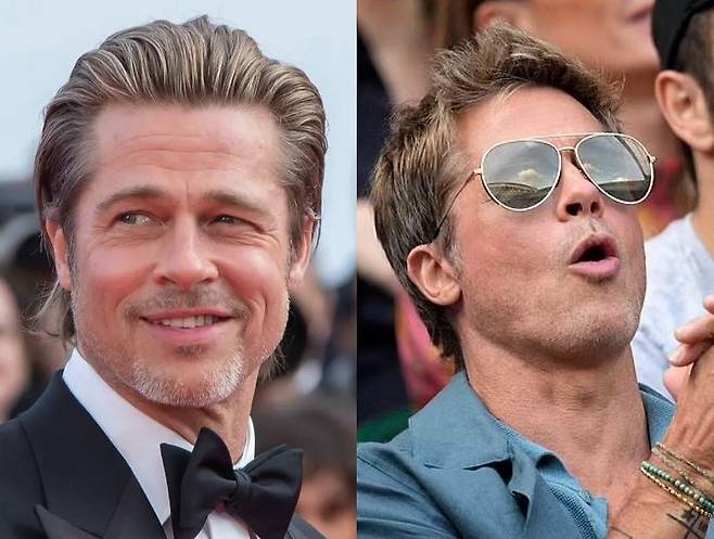 할리우드 배우 브래드 피트(60)가 최근 안면 리프팅 수술을 받았다는 의혹이 제기됐다. 2020년 모습(왼쪽)과 작년 여름에 주름이 없어진 모습(오른쪽)./사진=영국 데일리메일, 더 선