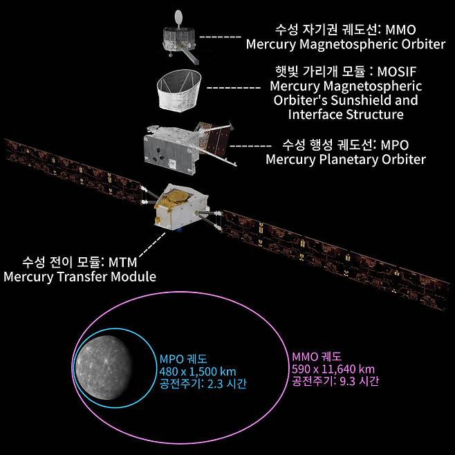 그림 5. 베피콜롬보호 구성. 베피콜로보호는 수성 전이 모듈(MTM), 수성 행성 궤도선 (MPO), 햇빛 가리개 모듈(MOSIF)과 수성 자기권 궤도선(MMO)로 구성되어있다. 수성 주위를 도는 공전궤도에 진입한 후 MPO는 안쪽 궤도를 MMO는 바깥쪽 궤도를 공전할 예정이다. 베피콜롬보호 그림 출처: ESA 수성 사진 출처: NASA