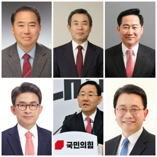 국민의힘 김기현, 오창균, 이국환, 정상환 예비후보, 주호영 국회의원. 더불어민주당 강민구 예비후보(윗줄 왼쪽부터 가나다순). 선거관리위원회 제공