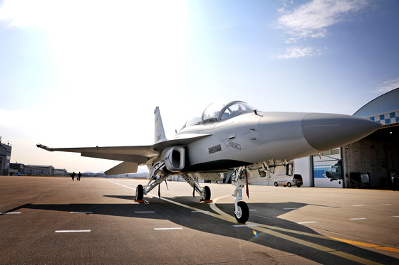 An FA-50GF fighter jet is displayed during a rollout ceremony before being delivered to Poland at Korea Aerospace Industries headquarters in Sacheon, South Gyeongsang in June, 2023. [KAI]