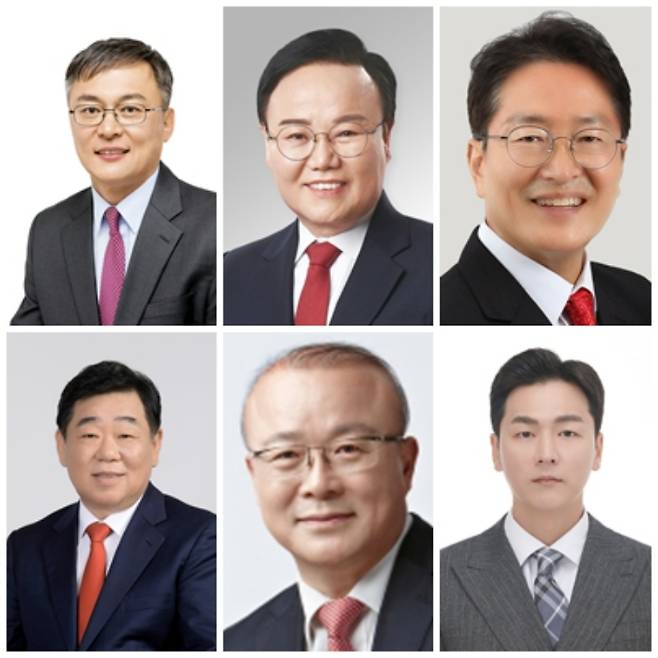 (윗줄 왼쪽부터) 국민의힘 강성주, 김재원, 김태한, 우병윤 예비후보. 김희국 국회의원. 무소속 심태성 예비후보. 선거관리위원회 제공