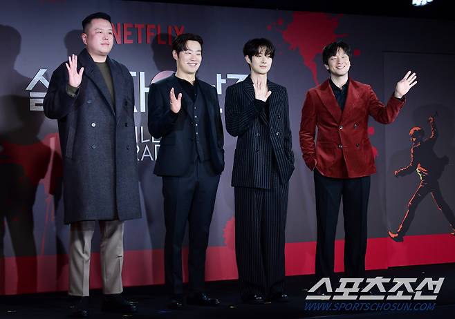 1일 서울 이태원 몬드리안호텔에서 넷플릭스(Netflix) 시리즈 '살인자ㅇ난감' 제작발표회가 열렸다. 제작발표회에 참석해 포즈를 취하고 있는 이창희 감독, 이희준, 최우식, 손석구. 이태원=송정헌 기자songs@sportschosun.com/2024.02.01/