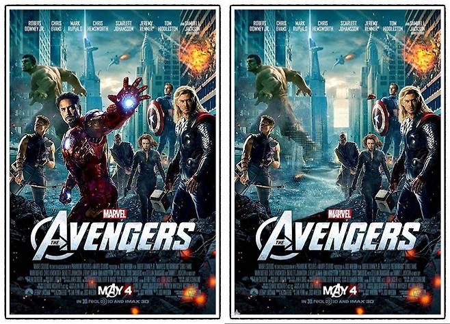 영화 어벤져스 포스터에서 생성형 AI 편집 기능을 활용해 아이언맨을 지운 모습(오른쪽). 사진=구자윤 기자