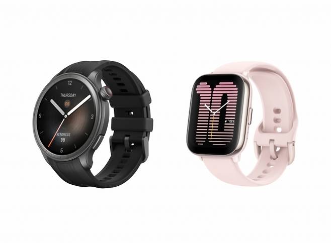 (왼쪽부터) '어메이즈핏 밸런스' 미드나잇, '어메이즈핏 액티브' 페탈 핑크 색상/사진제공=어메이즈핏(Amazfit)